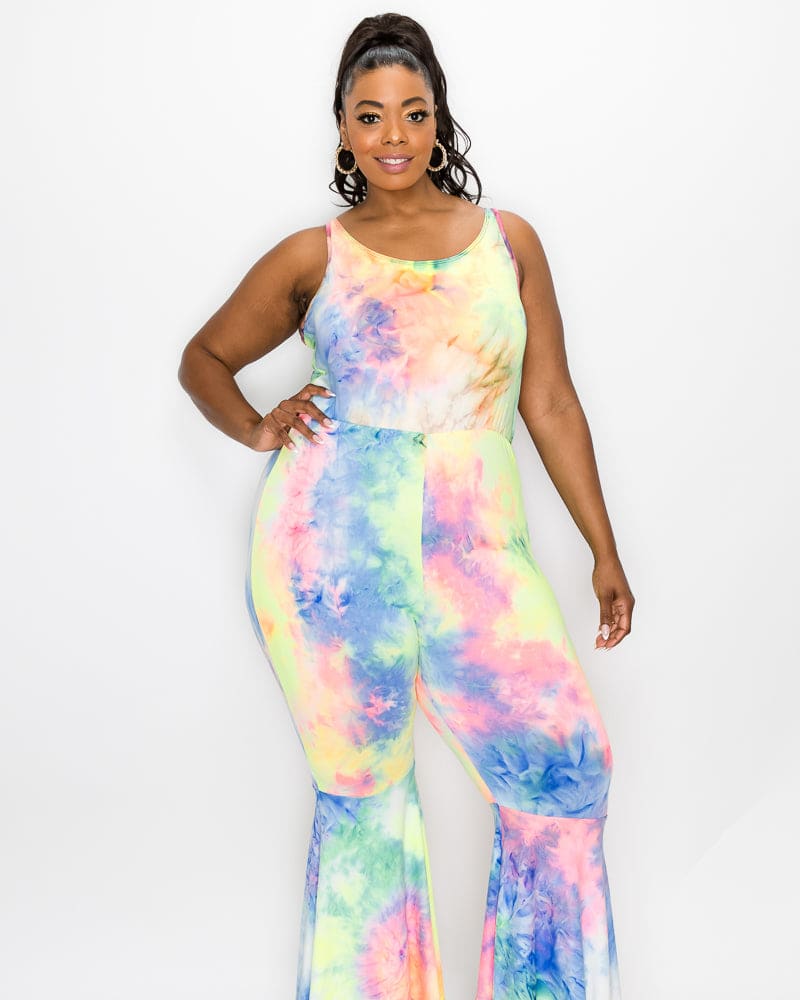 Front of a model wearing a plus size Kathleen Tie Dye Jumpsuit in Neon Yellow by L I V D. | dia_product_style_image_id:240698